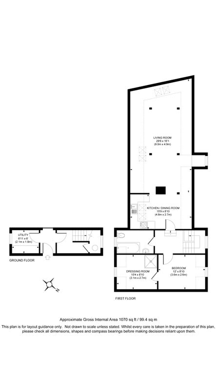 The floor plan for Coach House Loft showing the ground floor with utility room and the first floor showing the sitting room, open-plan kitchen and dining room, bedroom, dressing room and bathroom